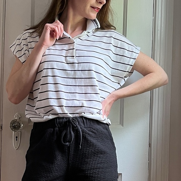 Vintage Tops - 80s Preppy Golf Tennis Sport Polo Drop Sleeve Horizontal Stripe Black White Top